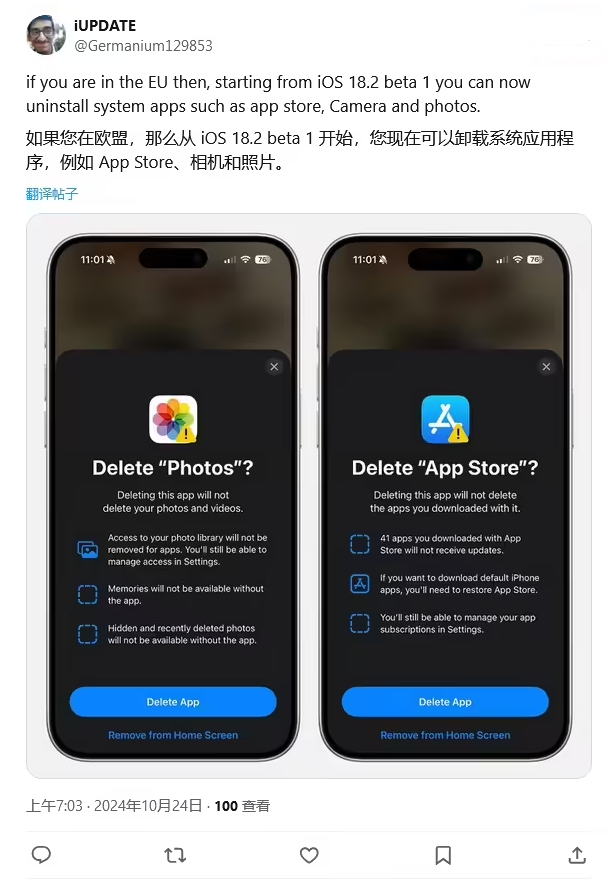 防城港苹果手机维修分享iOS 18.2 支持删除 App Store 应用商店 