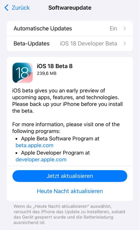 防城港苹果手机维修分享苹果 iOS / iPadOS 18 开发者预览版 Beta 8 发布 